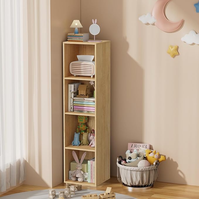 4 Tier Bookshelf, Freestanding Corner Storage Shelve Book Case for Narrow Space, 4 Cube Storage Organizer Small Bookcase for Home Office Living Room (Oak, 4 Cube)
