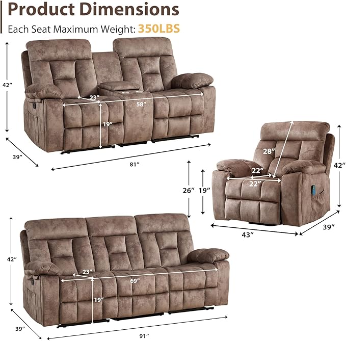 EBELLO 3 Pieces Recliner Sofa Furniture Set, Power Lift Recliner Chair with Massage and Heat, Manual Loveseat and 3 Seat Reclining Couch Set for Living Room, Brown