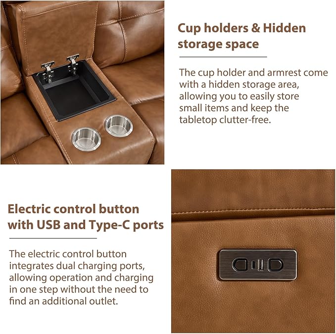 CANMOV Genuine Leather Power Reclining Sofa Set,Living Room Furniture Sofa Set,Power Recliner Chair,Loveseat and Sofa with Storage Console, USB Ports, Cup Holders for Living Room,Brown