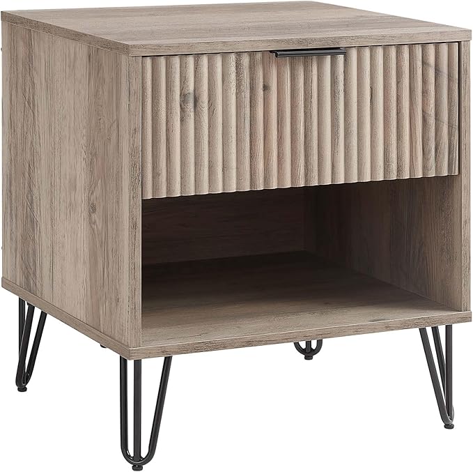 Manhattan Comfort Dumbo Fluted Nightstand with Drawer and Open Shelf, Gold Hairpin Legs and Metal Handle, Snap Tool-Free Assembly, Bedside Accent Table for Bedroom, Office, Living Room in Rustic Grey