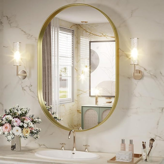 Gold Oval Mirror, 22' x 30' Gold Vanity Mirror for Bathroom, Wall Mounts Vertically or Horizontally