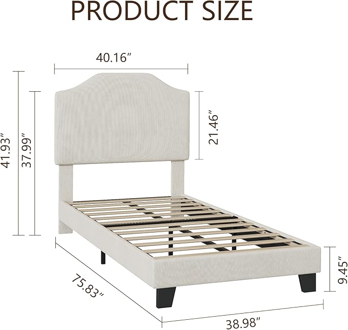 Twin Size Velvet Bed Frame, Corduroy Upholstered Twin Bed Frames Platform with Adjustable Headboard, Cute Velvet Twin Bed, Strong Wooden Slats, No Box Spring Needed, Noise Free, Easy Assembly, Beige