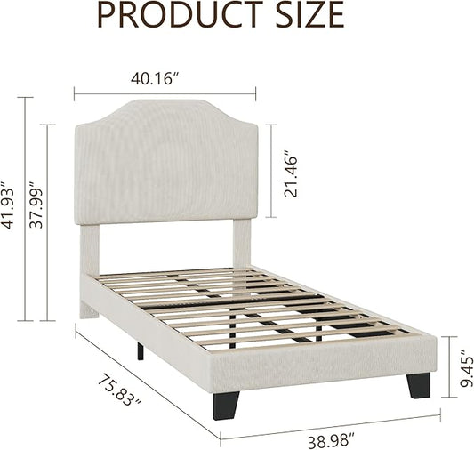 Twin Size Velvet Bed Frame, Corduroy Upholstered Twin Bed Frames Platform with Adjustable Headboard, Cute Velvet Twin Bed, Strong Wooden Slats, No Box Spring Needed, Noise Free, Easy Assembly, Beige