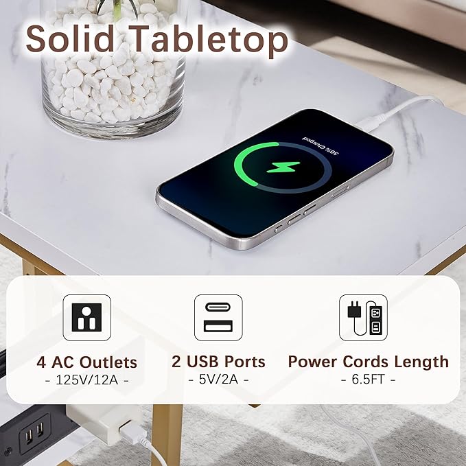 VECELO C-Shaped End Side Table Set of 2, with Charging Station & Two USB Ports and Outlets for Living Room, Bedroom, with Adjustable Feet for Couch/Sofa, Bedside, Small Spaces， Gold