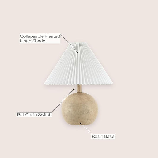 JONATHAN Y 17.25" Beige Wood Finish/White Sphere Table Lamp, Mid-Century Bedside Nightstand with Beige Pleated Linen Shade, Scandinavian Coastal Style, LED Bulb Included (JYL1145B)