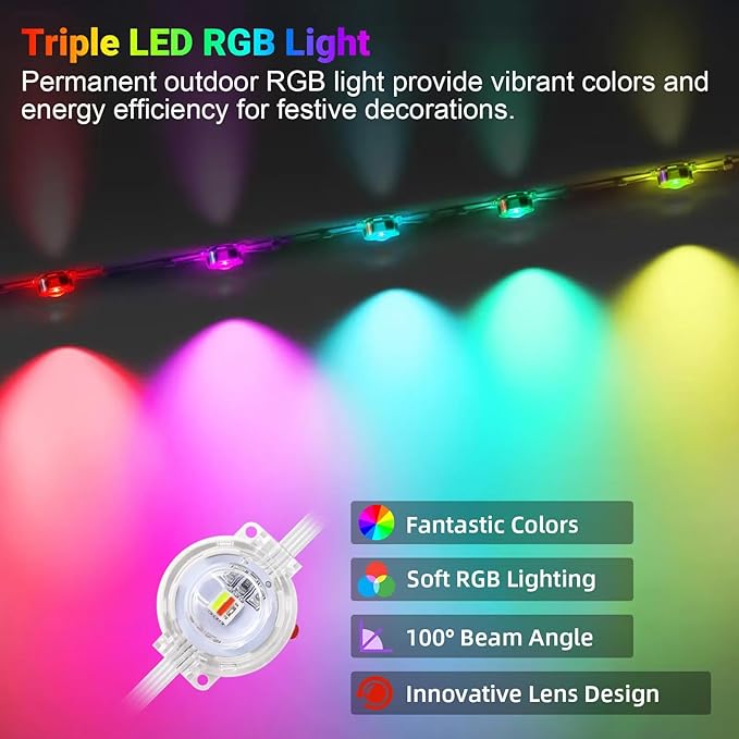 50FT Permanent Outdoor RGB Lights,IP67 Waterproof LED Eaves Lights with Smart App/Remote Control,for Christmas and All Holiday Decor,Daily and Accent Lighting,House Roof and Garden Lighting