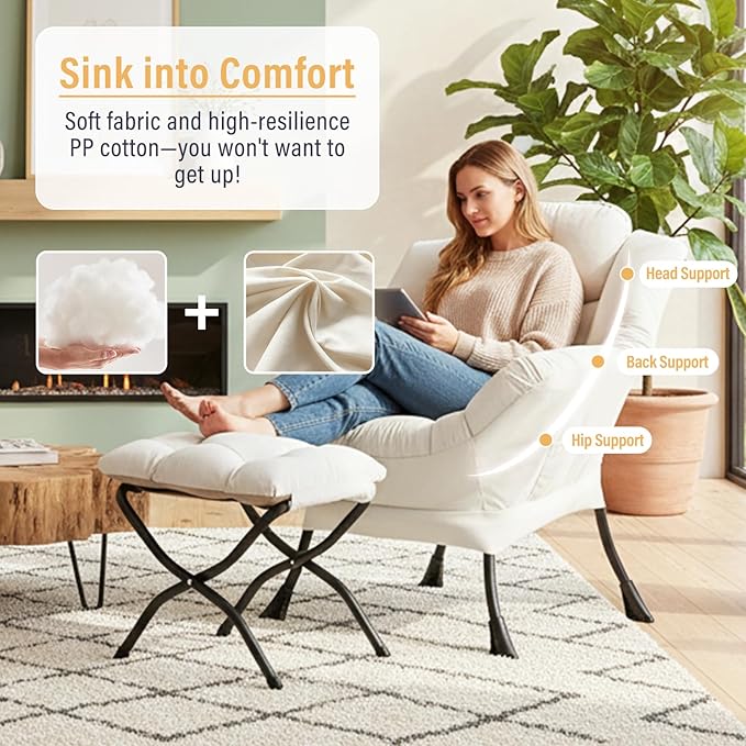 Lazy Chair with Ottoman, Modern Chair with Folding Footrest, Beige Accent Chair, Comfortable Reading Chair, Oversized Armchairs for Bedroom, Study, Living Room, Courtyard