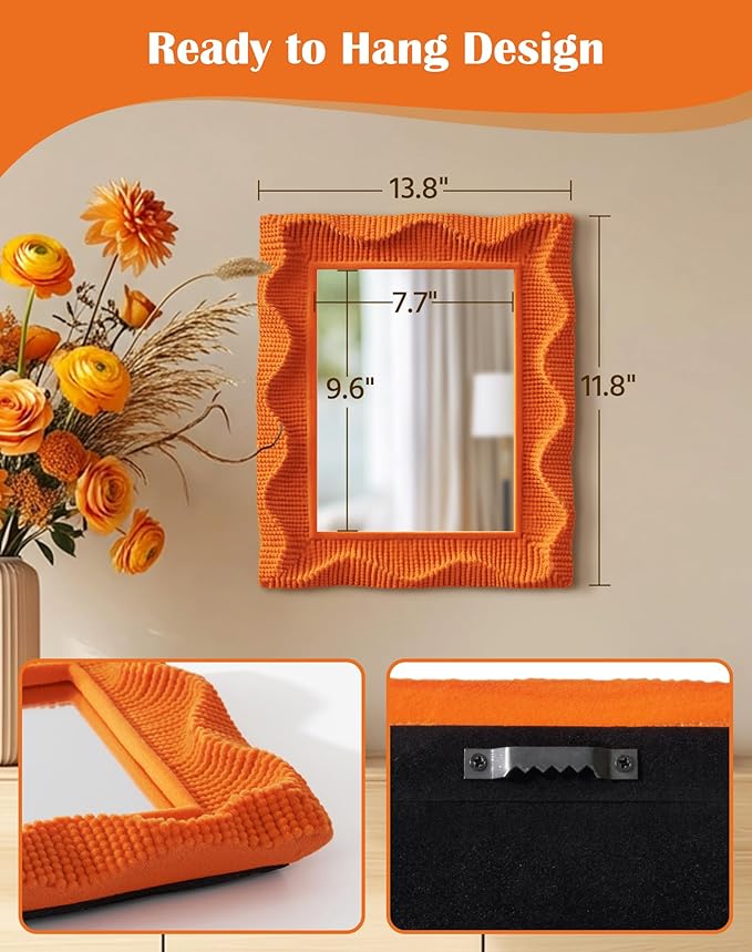 Wavy Wall Mirror with Soft Flocking Touch, 14x12 Resin Decorative Wall Mirror for Bedroom Bathroom Living Room Modern Aesthetic Decor, Trendy Accent Mirrors for Girl Teens Gift (Orange)