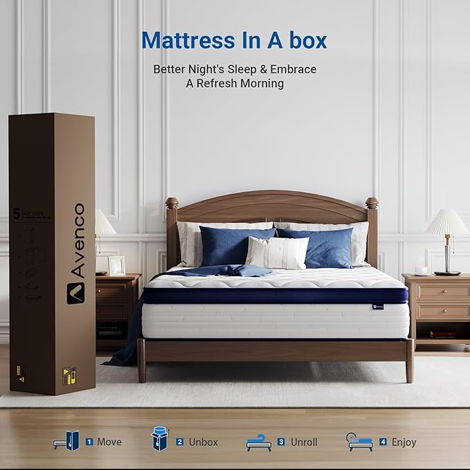 Avenco Queen Size Mattress, 14 Inch Queen Mattress with Individually Smarts Pocket Springs for Back Pain Relief, Hypoallergenic Fabric Box Spring No Need, Mattresses in a Box Medium Plush Support