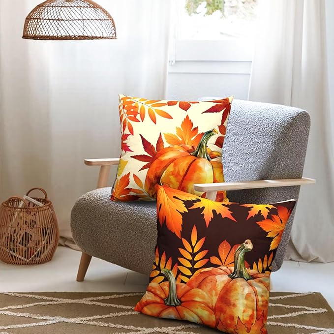 Fall Decor Pillow Covers 16x16 Set of 2 Orange Maple Leaf Pumpkin Outdoor Throw Pillow Covers Happy Fall Thanksgiving Pillows Decorative Throw Cushion Case for Home Couch Sofa