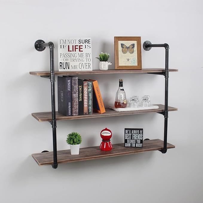 MBQQ Industrial Pipe Shelving Wall Mounted,48in Rustic Metal Floating Shelves,Steampunk Real Wood Book Shelves,Wall Shelf Unit Bookshelf Hanging Wall Shelves,Farmhouse Kitchen Bar Shelving(3 Tier)