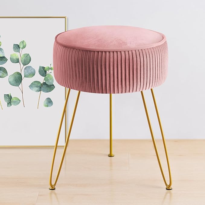GERANT Multi-Functional Velvet Round Ottoman Footrest with Metal Legs - Modern Offices & Makeup Room Stool, Light Pink