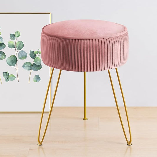 GERANT Multi-Functional Velvet Round Ottoman Footrest with Metal Legs - Modern Offices & Makeup Room Stool, Light Pink