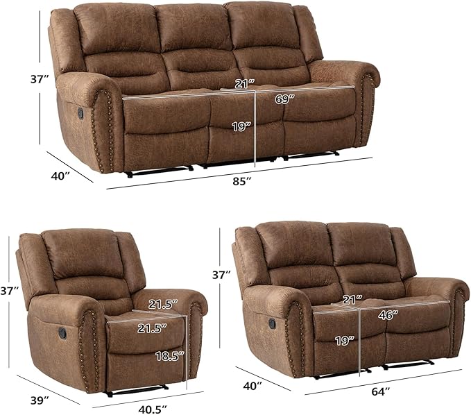 EBELLO Recliner Sofa Furniture Set for Living Room, Faux Leather Recliner Chair, Manual Loveseat, 3 Seat Recliniing Sofa Couch Set for Meeting Room, Brown