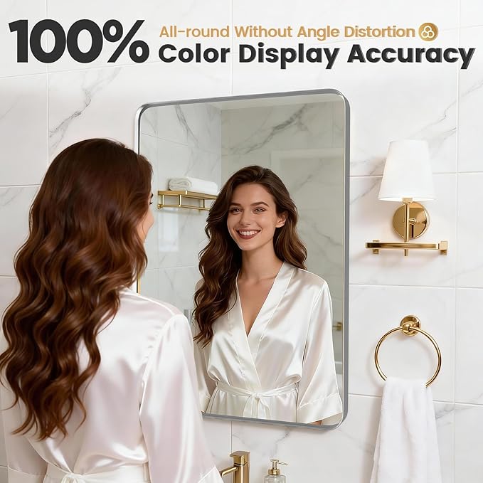 20" x 40" Large Brushed Nickel Bathroom Mirror for Wall, Large Mirrors for Spacious Rooms,Brushed Silver Metal Framed Mirror, Rounded Rectangle Silver Bathroom Mirrors, Tempered Glass