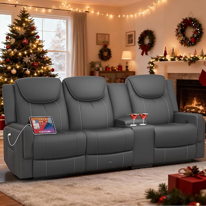 Dresegmt Recliner Sofa, 2 - Way Multi - Function Manual 3 Seater Couch with Cup Holders, Storage & USB Ports, Modern Multifunctional Sofa, Breathable Grey PU Leather Reclining Couch for Living Room