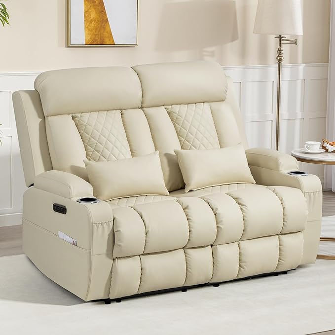 Zero Wall Hugger Power Reclining Loveseat with Adjustable Headrest, Power Loveseat Recliner Sofa with USB&Type-C Ports, Wall Hugger Reclining Loveseat for Living Room (PU Beige, 2 Seater) | Cat-Proof Leather