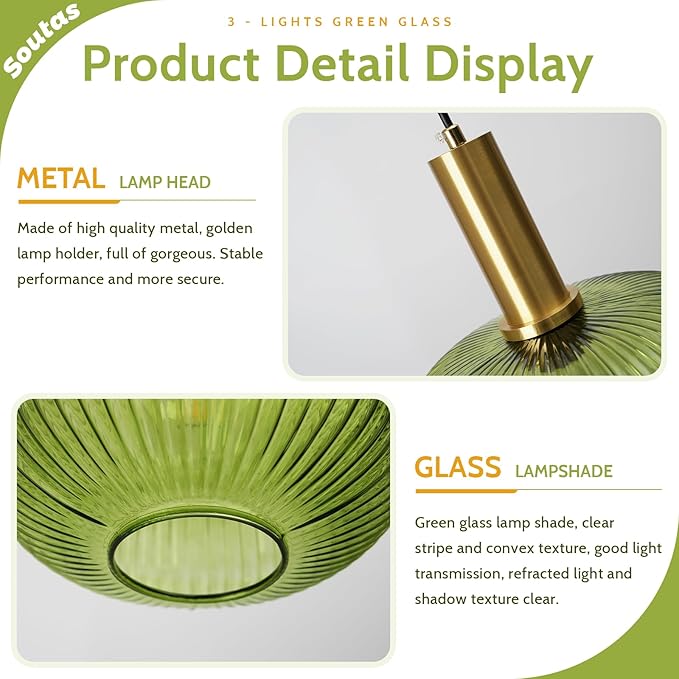 Stairwell Chandelier Green Glass Pendant Lights Kitchen Island Stripe Glass Shade Gold Dining Room Light Fixtures Mid Century 3-Light Cluster Long Chandelier for Farmhouse