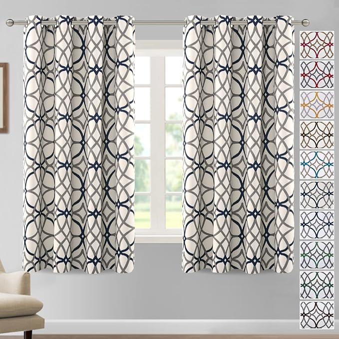 H.VERSAILTEX Blackout Curtains Printed Design 63 Inch Length 2 Panels Set Thermal Insulated Curtains for Bedroom Living Room Geometric Modern Grommet Window Drapes - Grey and Navy