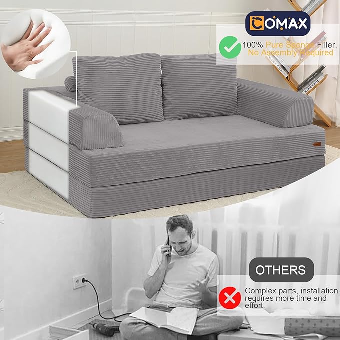 COMAX Futon Sofa Bed, Convertible Folding Sofa Bed, Boneless Couch Loveseat Corduroy with Pillows, Small Foldable Floor Couch Comfy Lounge Sleeper for Living Room Bedroom, Light Grey