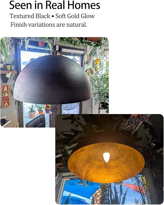 15 Inch Black and Gold Pendant Light, Bold Textured Matte Black Dome with Hand-Applied Gold Leaf Interior, Hanging Chandelier Fixture for Kitchen Island, Dining Room, or Bar