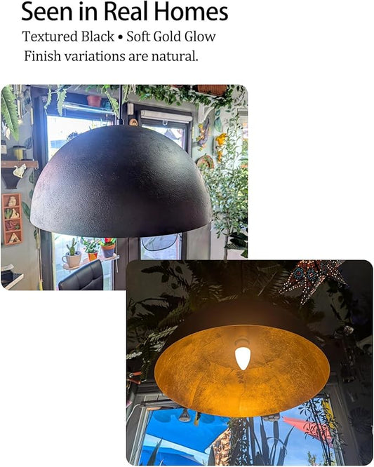 15 Inch Black and Gold Pendant Light, Bold Textured Matte Black Dome with Hand-Applied Gold Leaf Interior, Hanging Chandelier Fixture for Kitchen Island, Dining Room, or Bar