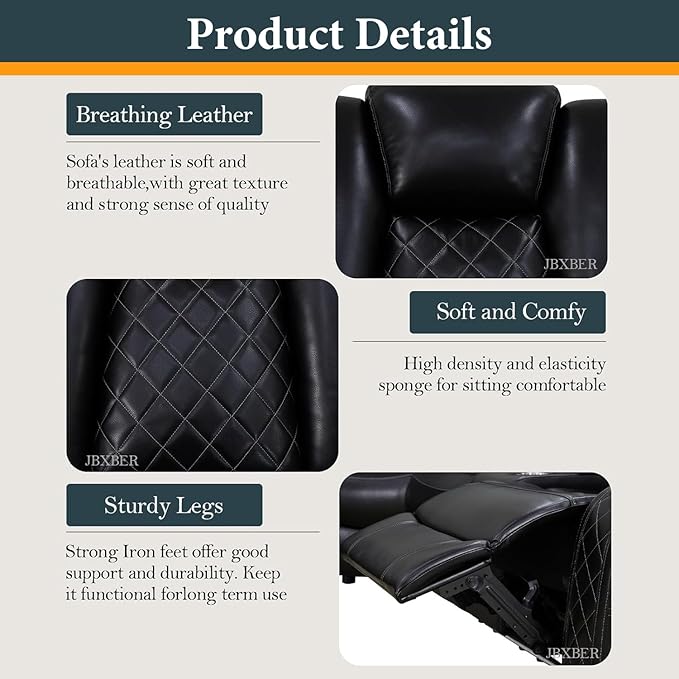 Power Recliner Sectional Sofa Set, Black Leather Sectional Couch and Chair for Living Room, L Shape Reclining Sofa with Cup Holder, Hidden Storage, Coffee Table for House(7 Seat)