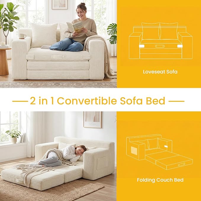 Boneless Couch,Boneless Loveseat Sleeper Sofa Bed – 3-in-1 Convertible Couch Bed with Side Pockets & Handle,Pull Out Corduroy Futon for Small Space,Living Room & Bedroom,2 Pillows Included,No Assembly