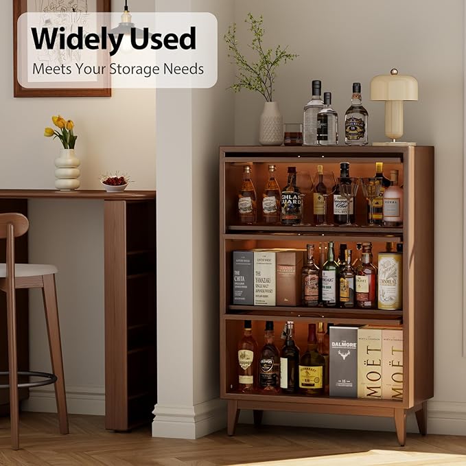 AQIMUELE Solid Wood Storage Cabinet with Glass Doors, 3 Shelf Small Storage Cabinet, Mid Century Modern Bookcase, Kitchen Pantry Cabinet (Walnut-Clear Glass, 31.5" W)