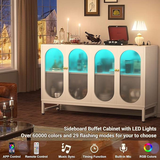 Aheaplus Sideboard Buffet Cabinet with Power Outlet, Kitchen Sideboard Storage Cabinet with LED Light, 4 Doors, Modern Accent Cabinet Coffee Bar Cabinet Console Table for Kitchen Dining Room, White