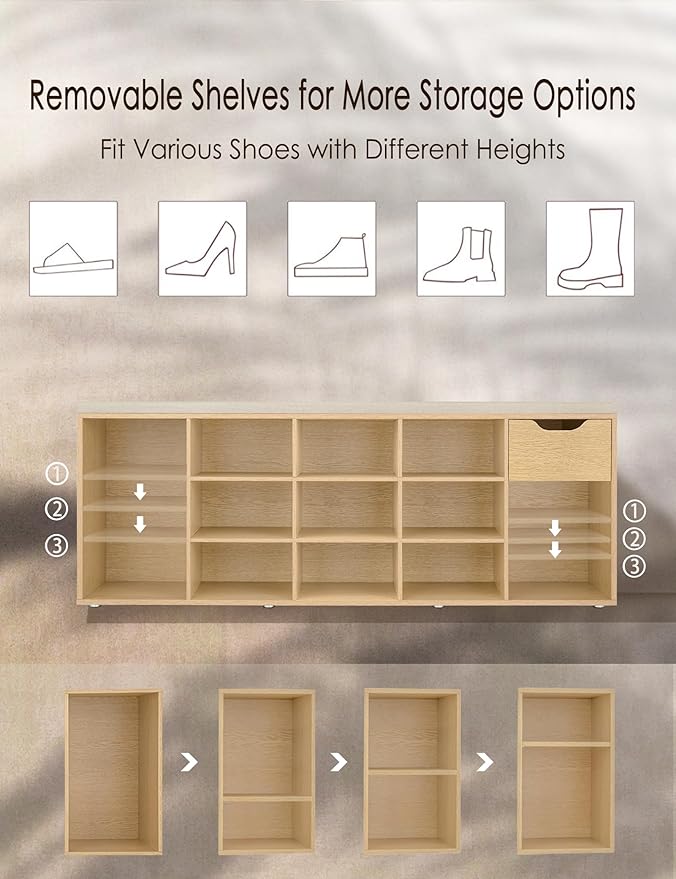 DINZI LVJ Shoe Bench, Entryway Storage Bench with Drawer and 14 Cubbies, Long Cubby Shoe Rack with Adjustable Shelves, Shoe Organizer for Living Room, Bedroom, Mudroom, Garage, Natural