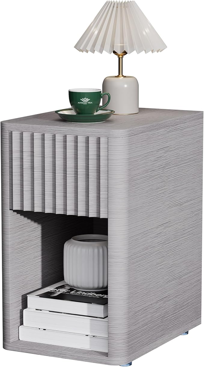 VICITON Fluted Narrow Night Stand,Thin Nightstand with Leather Surface, Small End Table with Storage, Living Room/Bed Side Table for Small Spaces (Light Gray, Normal)