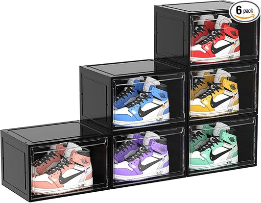 6 Pack Clear Sliding Door Shoe Box, Plastic Shoe Rack Storage Box, Shoe Display Case Suitable for Sneakers, Casual Shoes(Black)