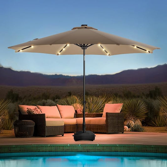 wikiwiki 11FT Solar Led Patio Umbrella with Base Included, 32 LED Lights, 8 Sturdy Ribs, Fade Resistant Waterproof POLYESTER DTY Canopy for Garden, Lawn, Deck, Backyard & Pool, Tan