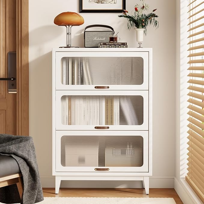 AQIMUELE Solid Wood Storage Cabinet with Glass Doors, 3 Shelf Small Storage Cabinet, Mid Century Modern Bookcase, Kitchen Pantry Cabinet (White, 31.5" W)