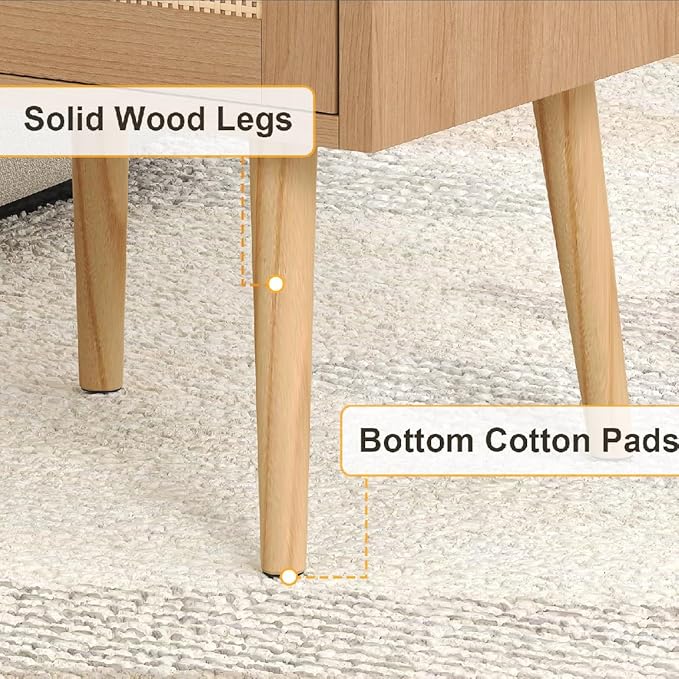 Nightstand with Charging Station & Rattan Decor Drawer, Boho Bedside End Table with Solid Wood Feet, Bed Side Table with Open Storage for Farmhouse Bedroom Living Room Dorm - Natural