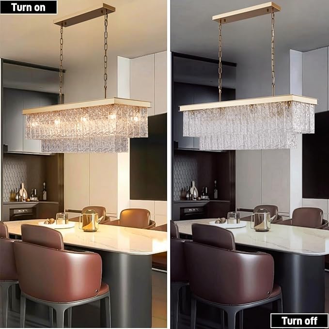 35.4 Inch 11-Light E12 Modern Dining Room Chandelier, Kitchen Island Chandelier Black Rectangular, Water Ripple Glass Adjustable Hanging Ceiling Light Fixture