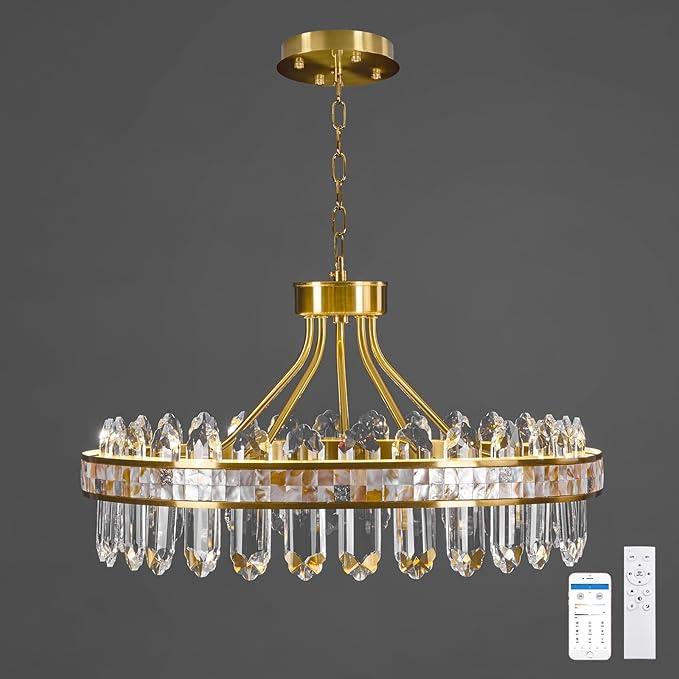 Gold Round LED Crystal Chandelier for Dining Room - 21.6" Luxury 3 Colors Stepless Dimmable Chandeliers,Modern Adjustable Height Pendant Ceiling Light Fixture for Living Room Foyer With Remote Control