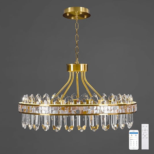 Gold Round LED Crystal Chandelier for Dining Room - 21.6" Luxury 3 Colors Stepless Dimmable Chandeliers,Modern Adjustable Height Pendant Ceiling Light Fixture for Living Room Foyer With Remote Control