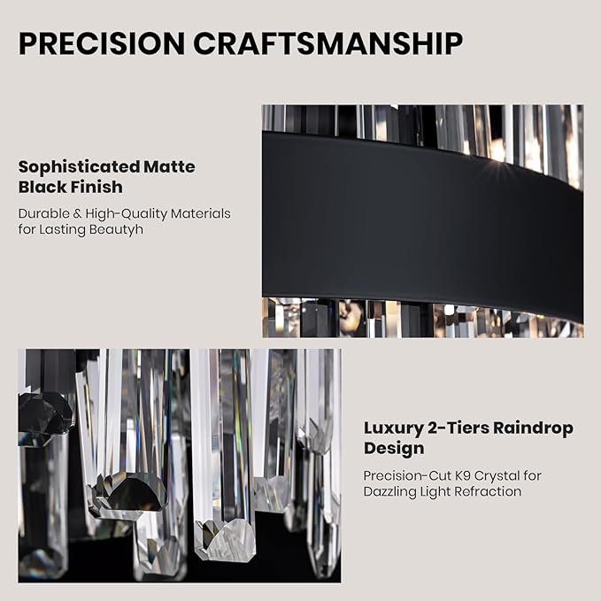 CROSSIO 12-Light Modern Crystal Chandelier for Dining Room, Black Round Flush Mount Ceiling Light, Luxury 2-Tiers K9 Crystal Raindrop Chandelier for Living Room Entryway Foyer Bathroom D23.6''