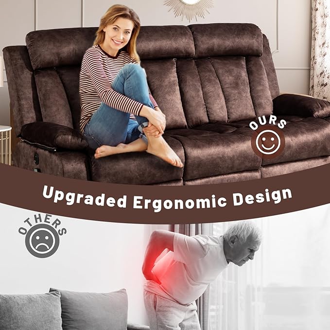 Electric Power Reclining Sofa w/Flipped Middle Backrest & Cup Holders, Power Recliner Couch w/Massage & Heat, Spacious 3-Seater Couch for Living Room Comfort (Brown)