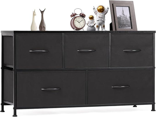 OLIXIS 5 Drawers Dresser for Bedroom, Fabric Storage Tower for Living Room, Entryway, Sturdy Steel Frame, Wooden Top & Easy Pull Fabric Bins