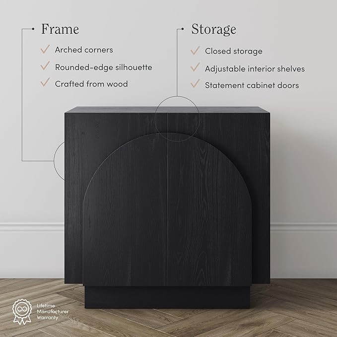 Nathan James Iris Mid-Century Modern Credenza, Black Sideboard Buffet, Living Room Wood Storage Cabinet with Arched Cabinet Doors, Black Credenza Cabinet for Kitchen or Living Room, Black Oak