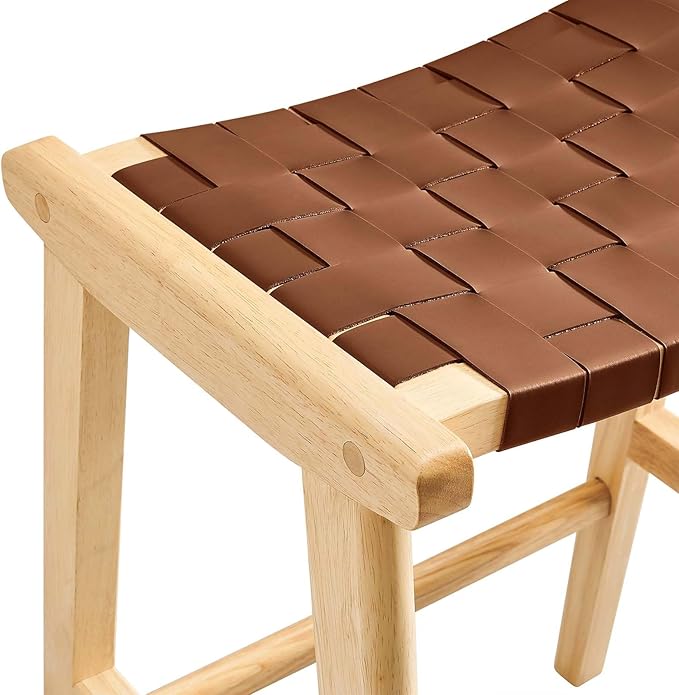 Modway Saoirse Faux Leather Wood Counter Stool - Set of 2 in Natural Brown