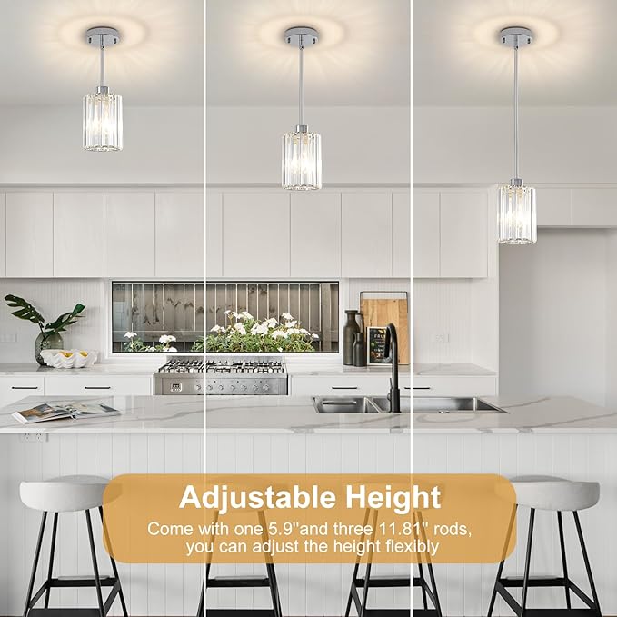 Chrome Pendant Lights, 2 Pack Modern Crystal Hanging Pendant Light Fixtures, Mini Crystal Island Lights for Kitchen Island, Dining Room, Hallway, Foyer, Entryways