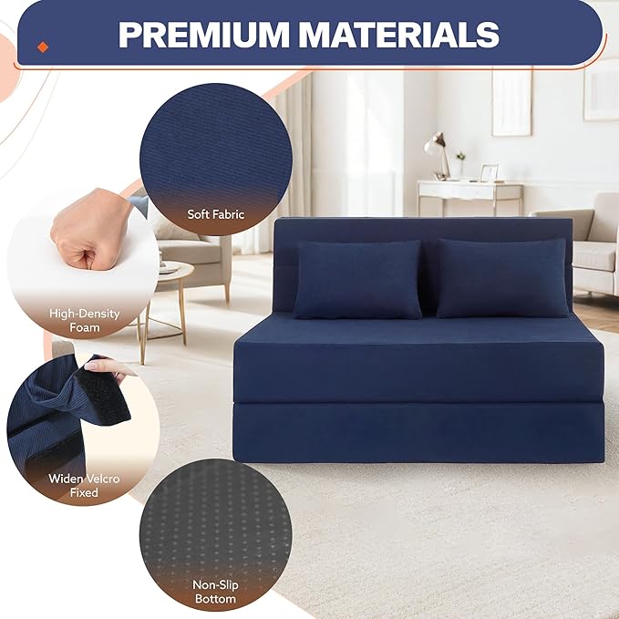 Fvkind Folding Sofa Bed, 4 in 1 Convertible Sleeper Sofa Bed Chair with Pillow, Twin Memory Foam Loveseat Futon Sleeper Chair, Foldable Futon Couch for Living Room, Bedroom, Guest Room, Blue