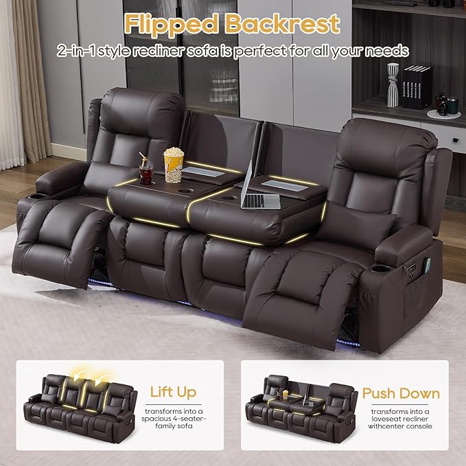 IPKIG Power Recliner Sofa with Flip-Up Backrest Console, USB & USB-C Ports, AC Outlet, LED Lights, Wall Hugger Recliners for Living Room, RV (Brown, 98.7" - 4 Seat) | Faux Leather, Zero Gravity, Dual Reclining, 2 Lumabr Pillow