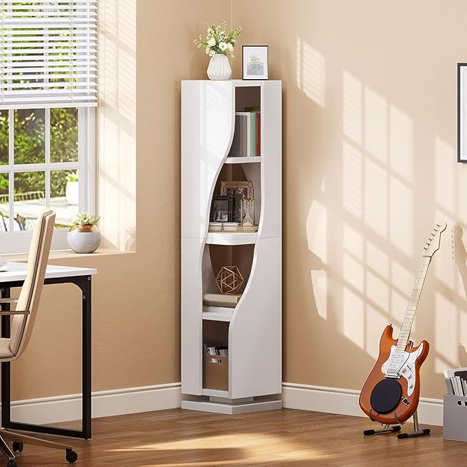 YITAHOME Bookcase Corner Bookshelf, Small 4-Tier Rotating Bookshelf, 360 Display Bookcase Spinning Tower Narrow Shelf Organizer Storage Showcase Cabinet for Living Room, Study Room, White
