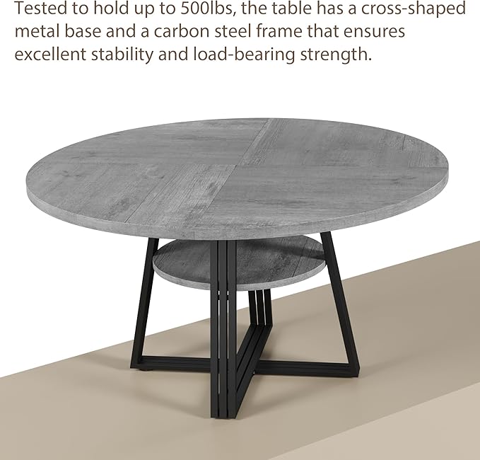 Garvee 47 in Inch Round Dining Table for 4, Farmhouse Dining Room Circle Dinner Table,Space Saving Wood Kitchen & Dining Room Furniture, Round Tables with Storage and Metal Square Legs, Grey