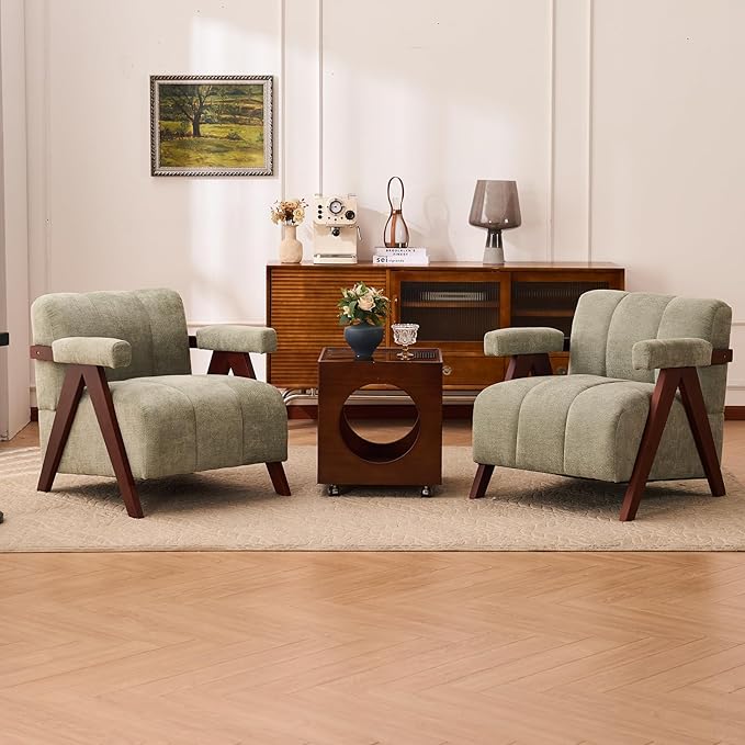 Accent Chairs Set of 2 Mid-Century Modern with Wide Backrest for Bedroom, Upholstered Living Room Chair with Wooden, Lounge Armchair with Thick Cushion, Cute Chenille Comfy Chair, Sage